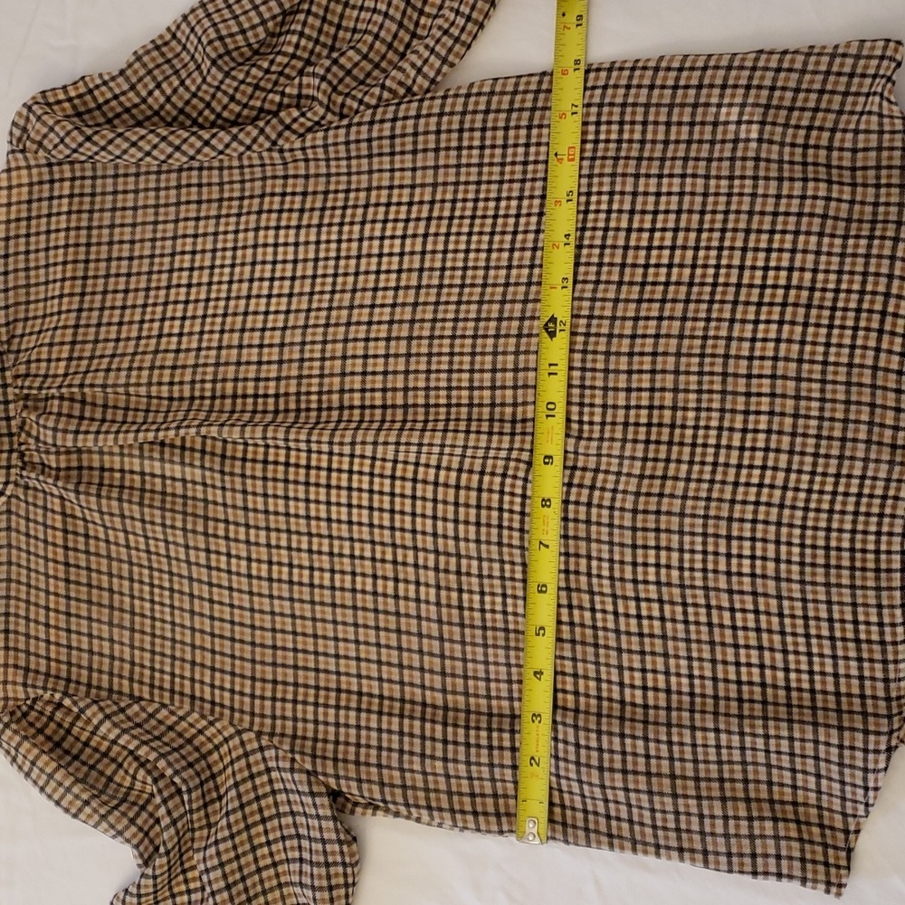 A New Day Sheer/Lightweight Plaid Mock Neck Top With Bell/Flair Sleeves - Picture 8 of 9